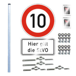 Komplett-Set 10kmh: 10kmh-Schild, Hier gilt die StVO, 3m Einbetonier-Pfosten