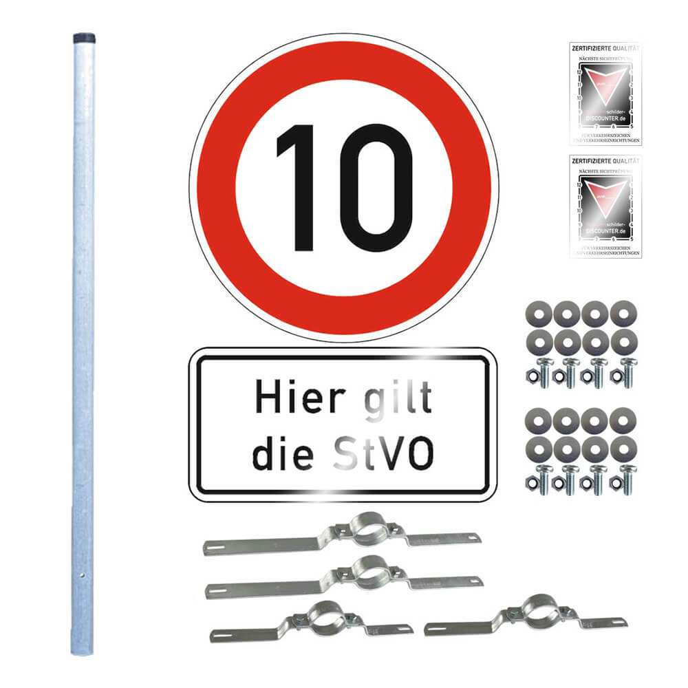 Komplett-Set 10kmh: 10kmh-Schild, Hier gilt die StVO, 3m Einbetonier-Pfosten