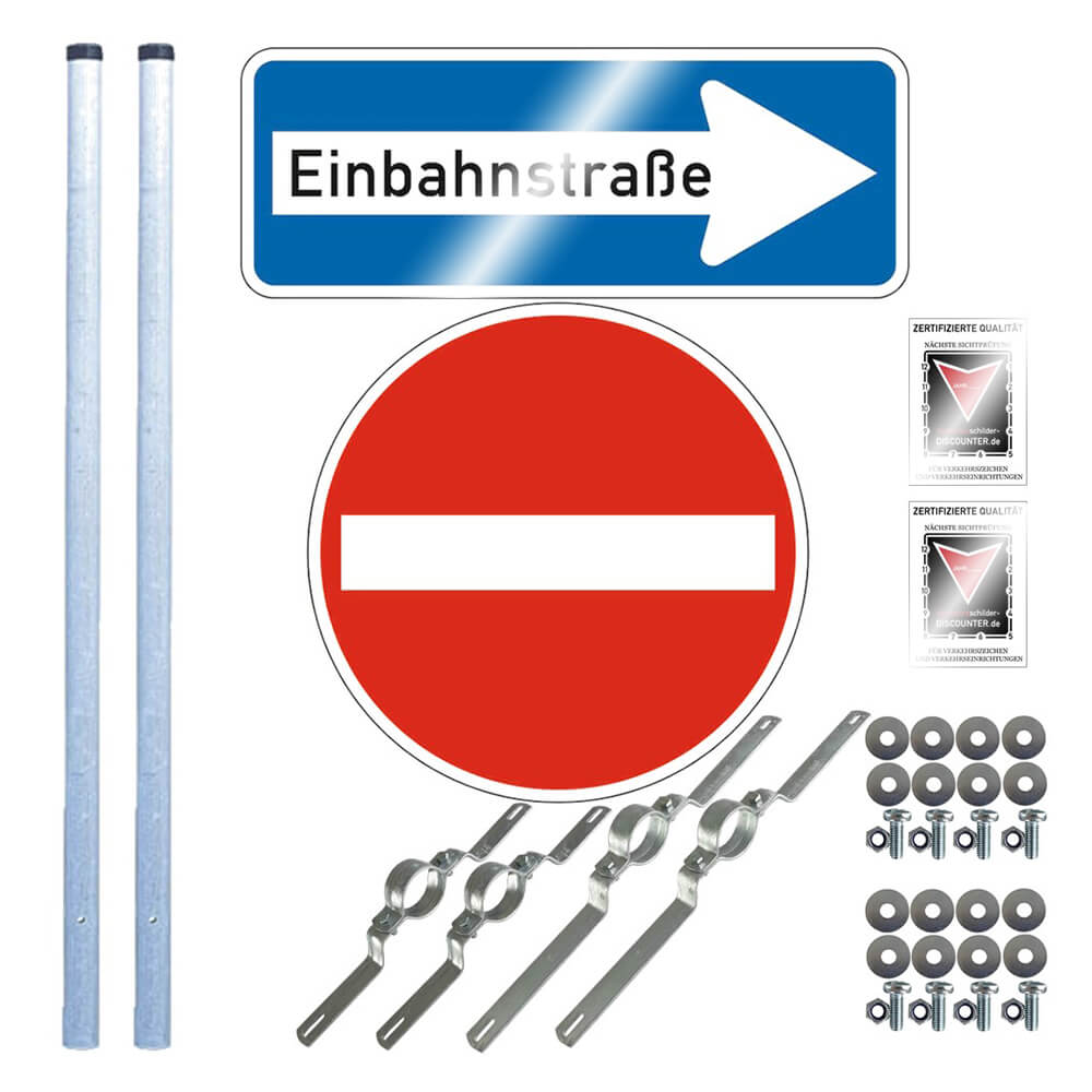Komplett-Set Einfahrt verboten: Einfahrt verboten, Einbahnstraße rechts, Pfosten