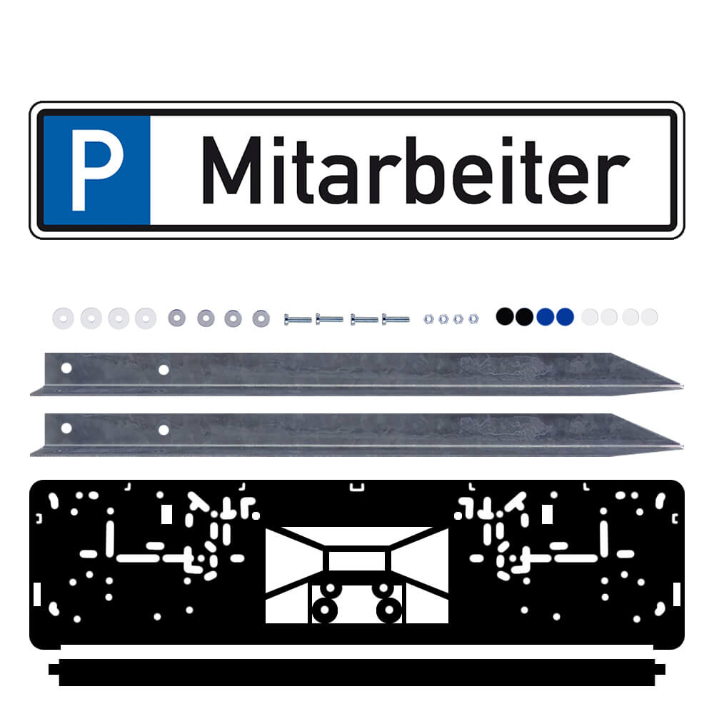 Parkplatzreservierungsschild MITARBEITER, Set zum Einschlagen, 52 x 11 cm