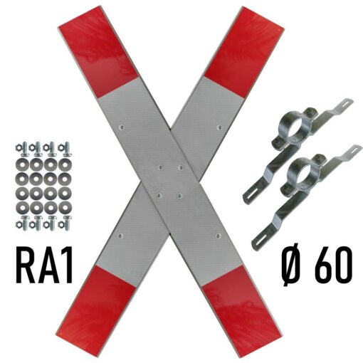Andreaskreuz RA1 Komplettset, VZ 201-50, mit 60 mm Ø Rohrschellen, Schrauben