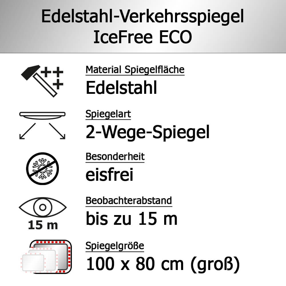 Edelstahl-Verkehrsspiegel IceFree ECO, rot/weiß, 100 x 80 cm, mit Rohrpfosten