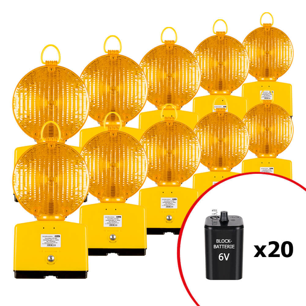 BIGPACK 10 x NISSEN Blitzleuchte EURO LED, gelb, Ø 19 cm inkl. 20 Blockbatterien