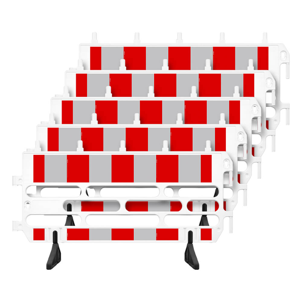 5 x Absperrgitter, rot/weiß, Kunststoff, RA1, mit drehbaren Füßen, 200 x 102 cm