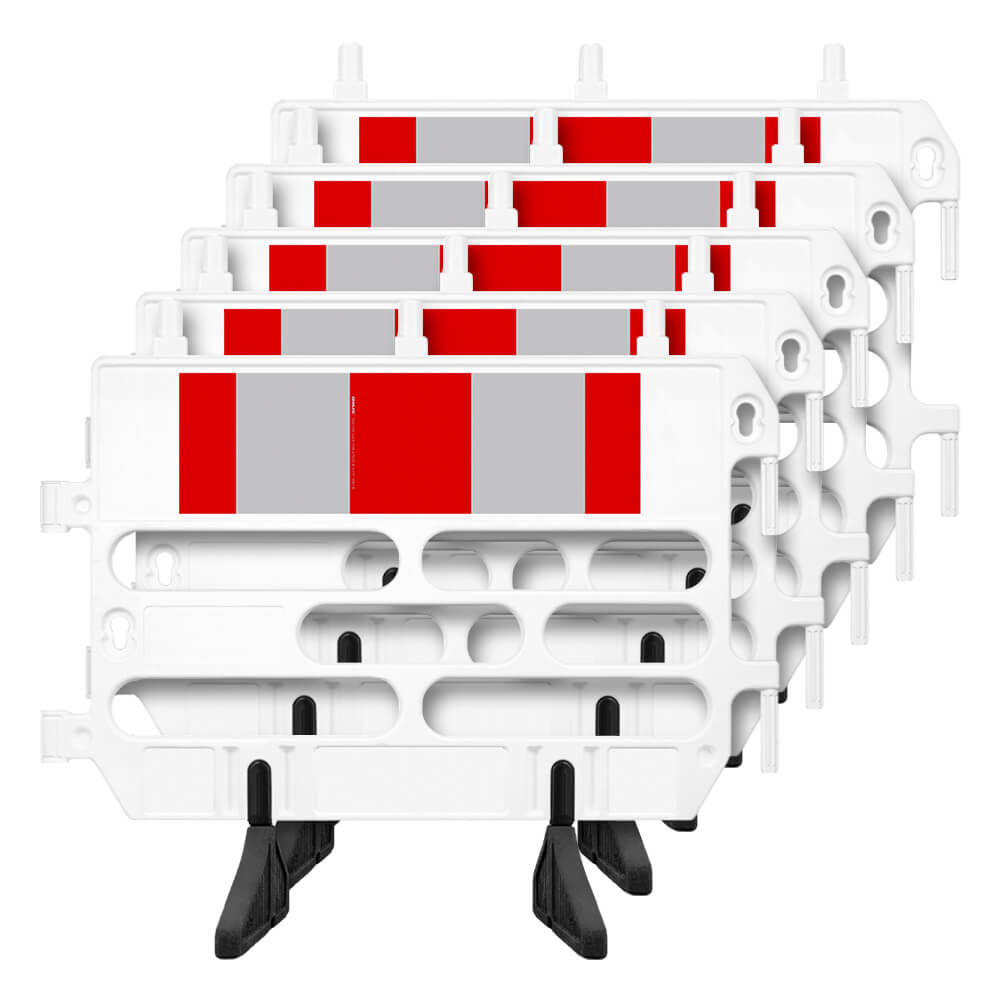 5 x Absperrgitter, rot/weiß, Kunststoff, RA1, mit drehbaren Füßen, 130 x 102 cm