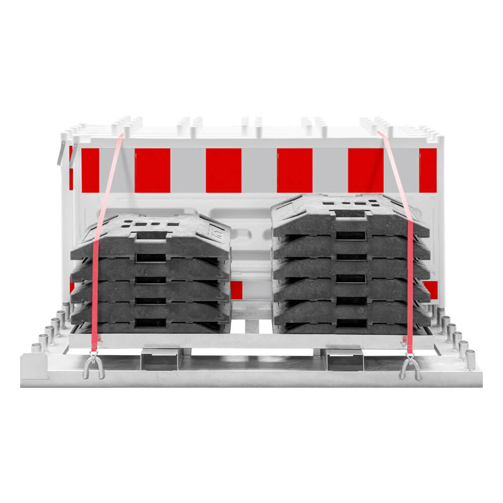 Lager- und Transporttraverse mit 10 x TL-Schrankenzaun RA1 + 11 x Fußplatte