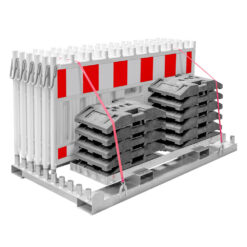 Lager- und Transporttraverse mit 10 x WEMAS Schrankenzaun FUTURE RA1 + Fußplatte