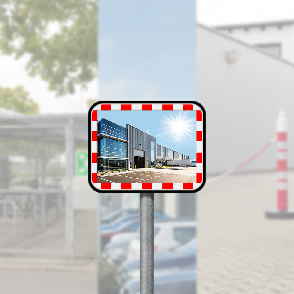 Edelstahl-Verkehrsspiegel mit Kunststoffrahmen, rot/weiß, rechteckig, 60 x 45 cm