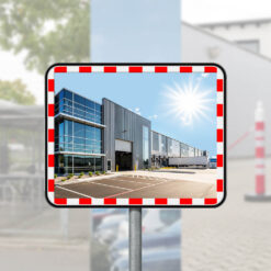 Edelstahl-Verkehrsspiegel, rot/weiß, rechteckig, 80 x 60 cm, mit Wandarm