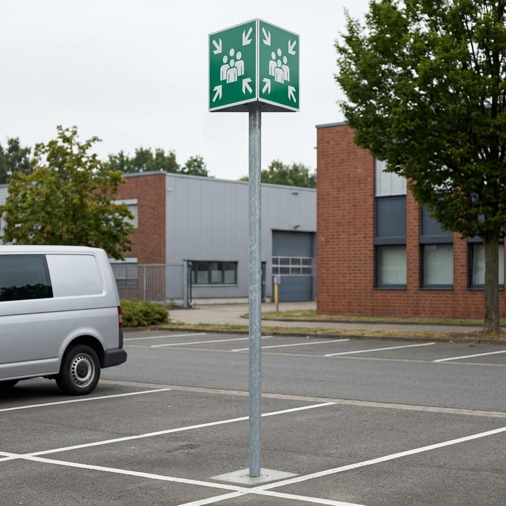 Sammelplatz-Dreieck Komplett-Set, 3 Rettungszeichen, Rahmen, 3 m Rohrpfosten